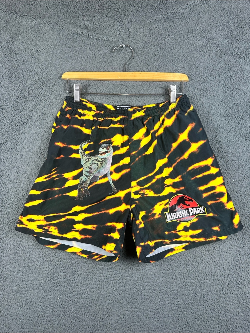 Dumbgood Jurassic Park Mens Shorts Orange Black Tiger Stripe Dinosaur Logo M